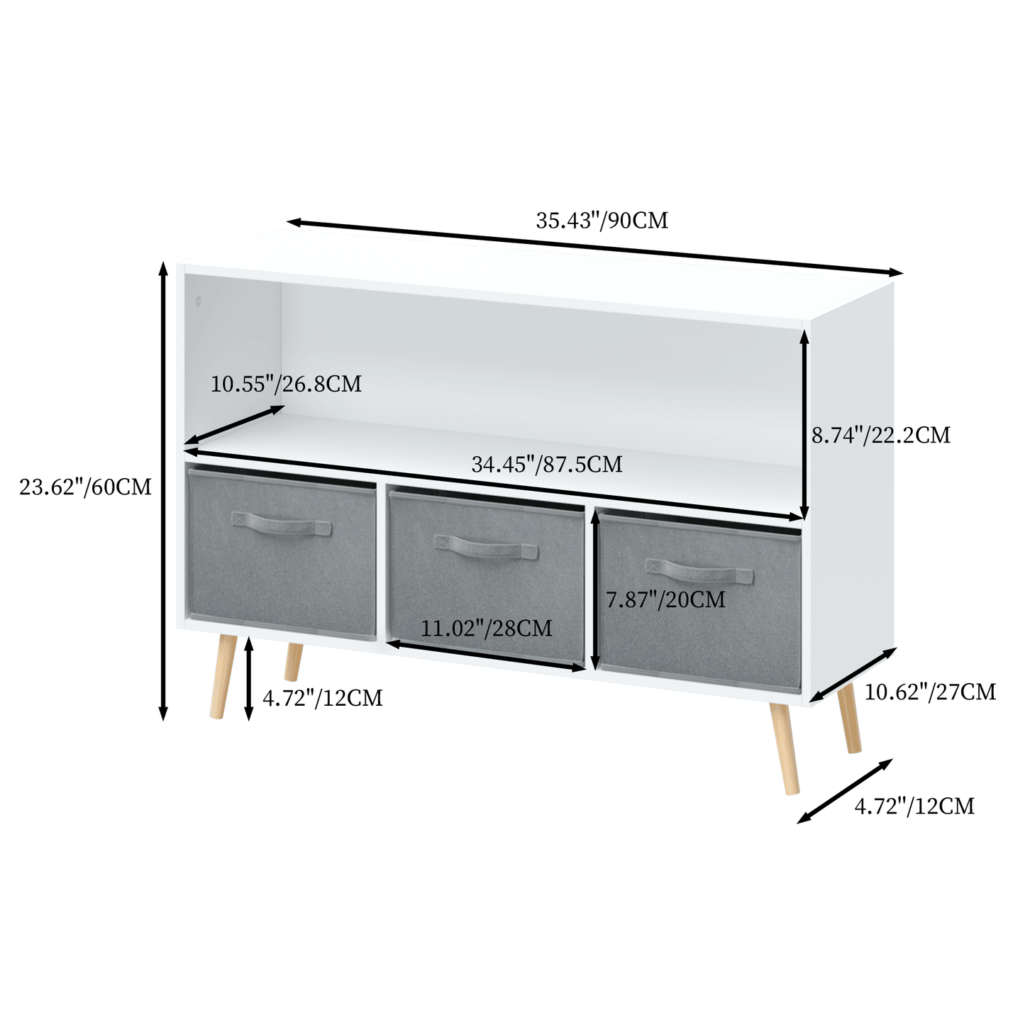 Kids bookcase with Collapsible Fabric Drawers Children's Book Display Toy Storage Cabinet Organizer White/Gray - FurniFindUSA