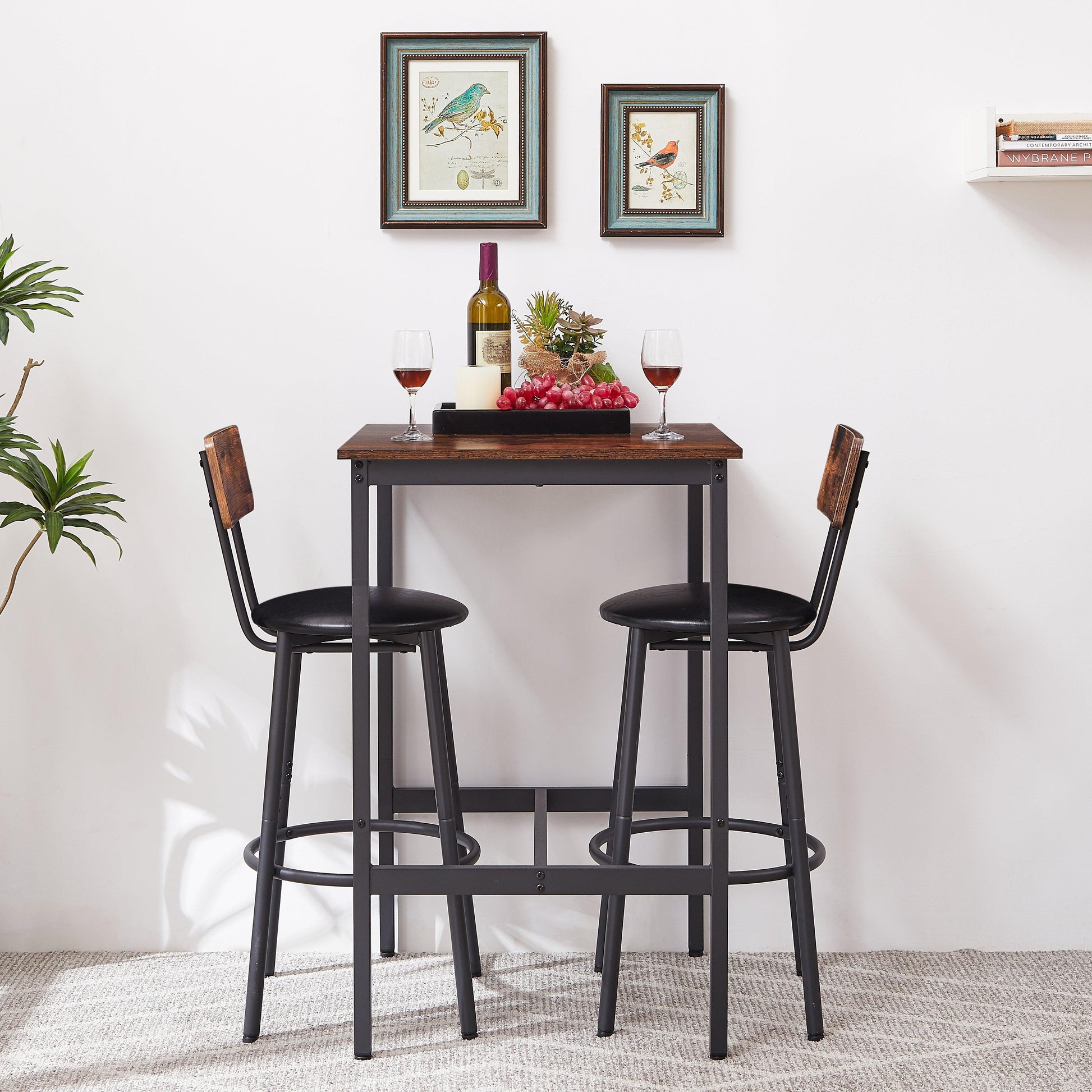 Bar Table Set with 2 Bar stools PU Soft seat with backrest Rustic Brown 23.62'' W x 23.62'' D x 35.43'' H - FurniFindUSA