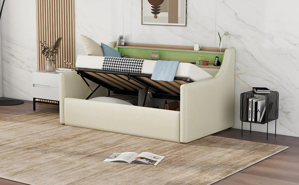 Twin Size Daybed with Hydraulic Storage Upholstered Daybed with Lift Up Storage Beige - FurniFindUSA