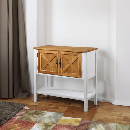 35''Farmhouse Wood Buffet Sideboard Console Table (Antique White + Natural Acacia Top & Door) - FurniFindUSA