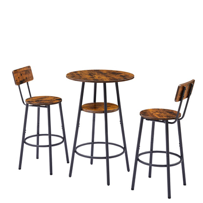 Round bar stool set with shelves stool with backrest Rustic Brown 23.6'' Dia x 35.4'' H - FurniFindUSA