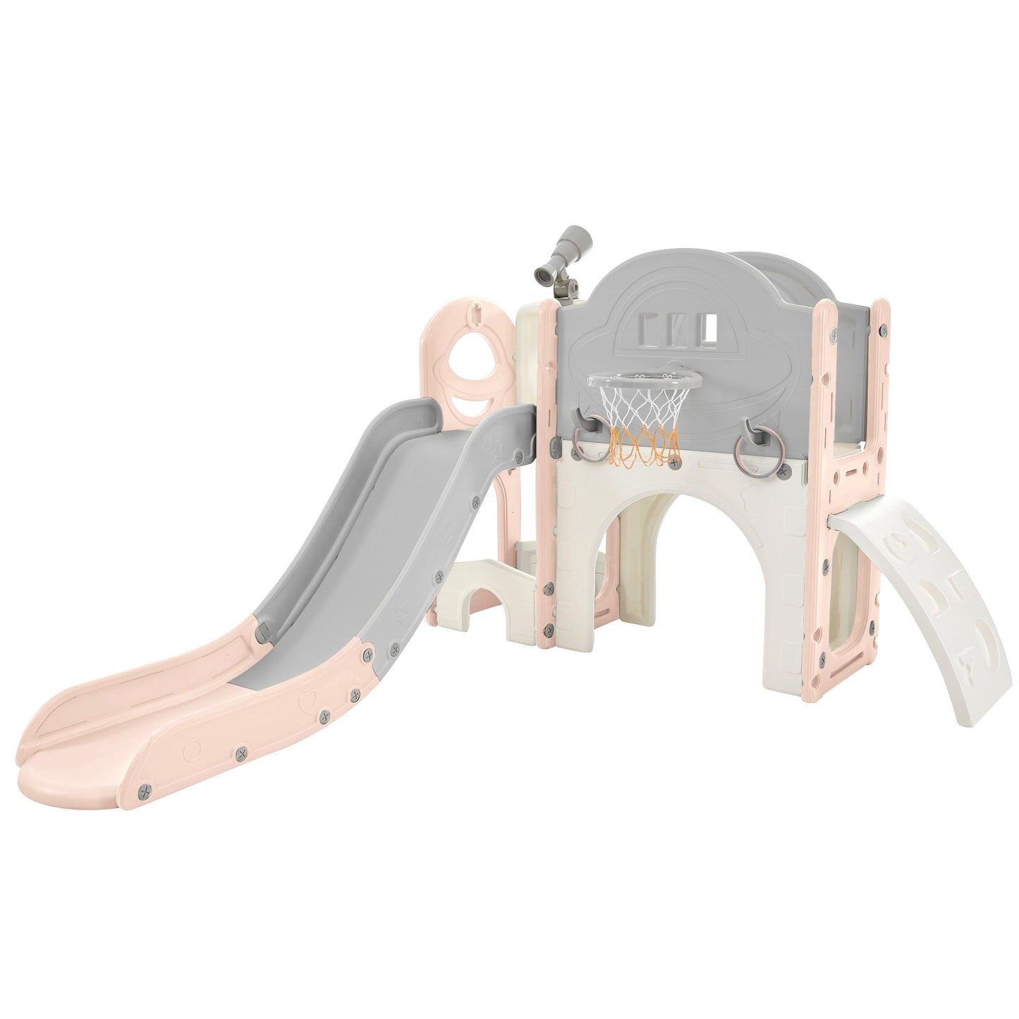 Kids Slide Playset Structure 7 in 1, Freestanding Spaceship Set with Slide, Arch Tunnel Pink+Grey + HDPE - FurniFindUSA