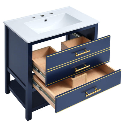 [Viedo]Modern 30inch Navy Blue/White Bathroom Vanity Cabinet Combo with Open Storge, Two Drawers - FurniFindUSA