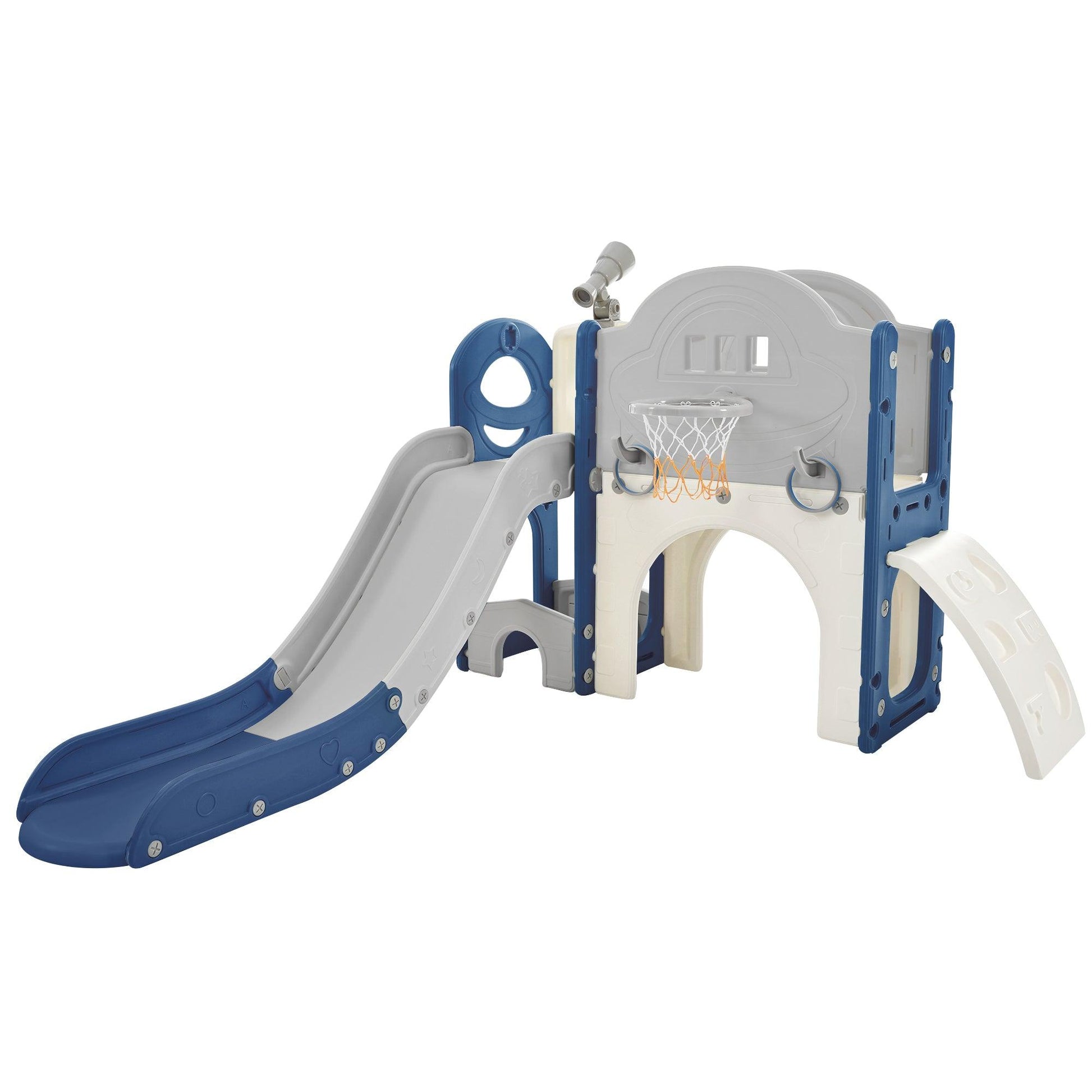 Kids Slide Playset Structure 7 in 1, Freestanding Spaceship Set with Slide, Arch Tunnel Blue+Grey + HDPE - FurniFindUSA