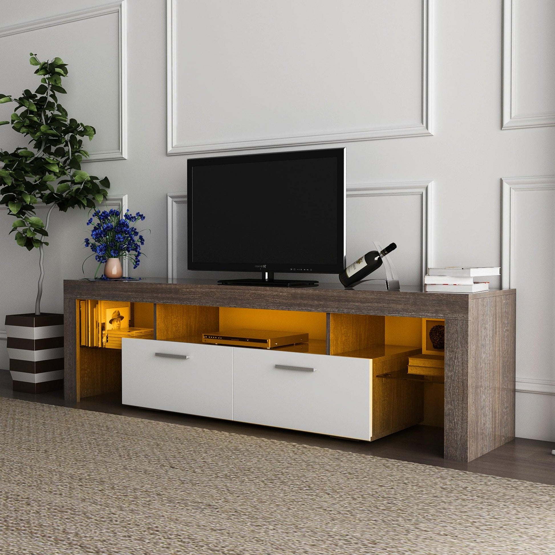 20 minutes quick assembly brown simple modern TV stand with the toughened glass shelf Floor cabinet Floor TV wall cabinet - FurniFindUSA