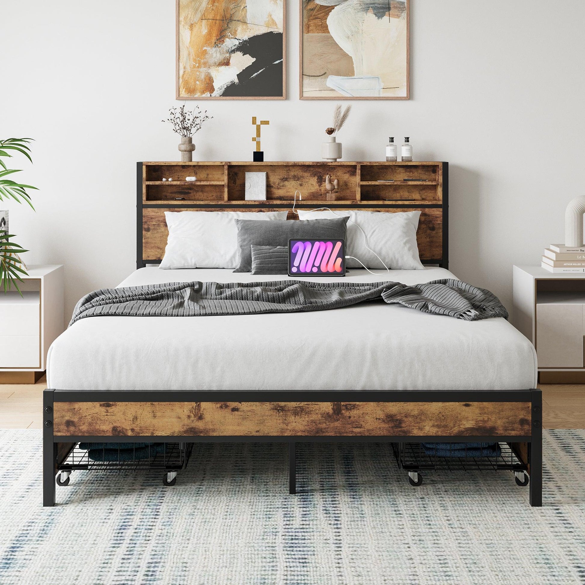 Queen Bed Frame with Storage Headboard and 4 Drawers - FurniFindUSA