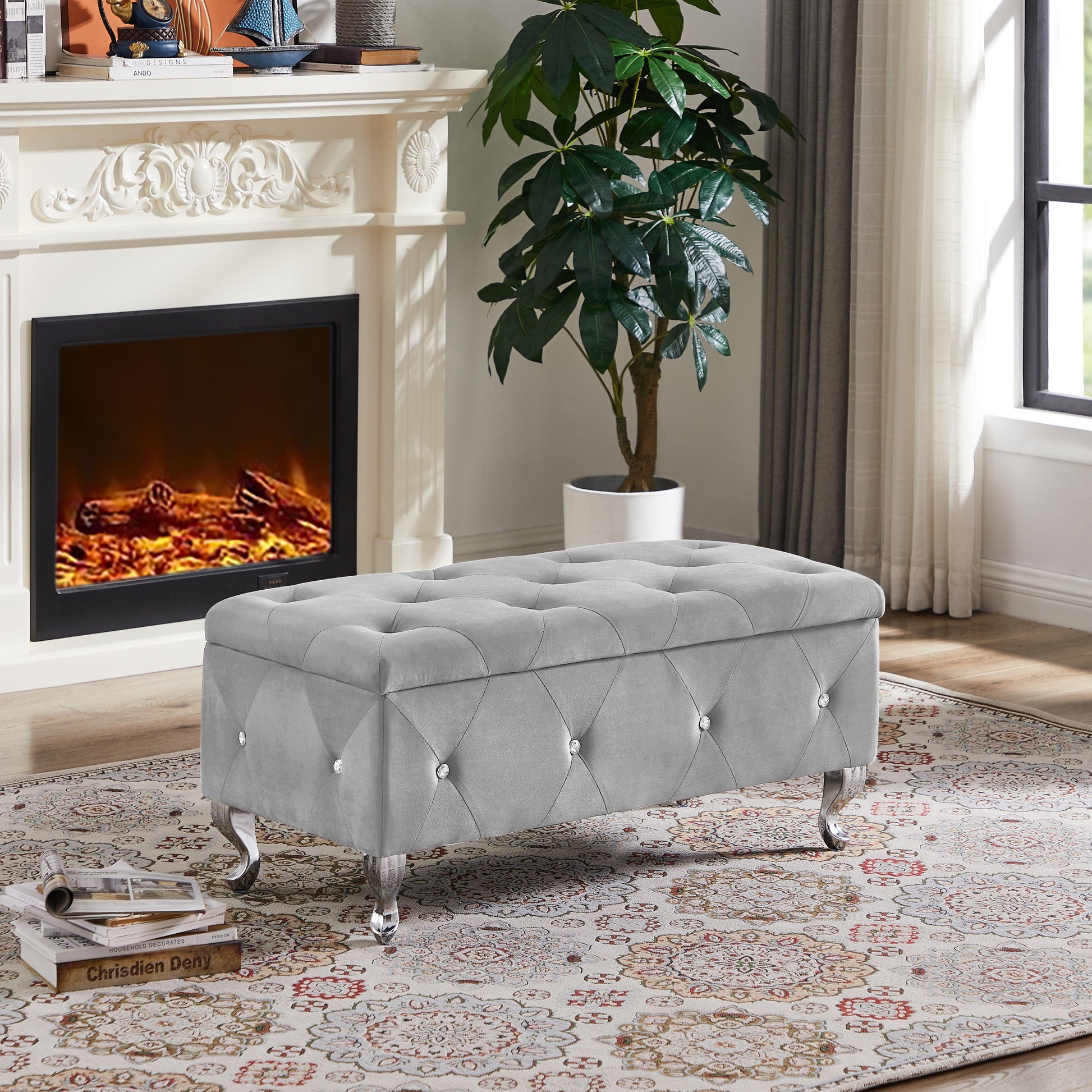 Storage Bench Flip Top Entryway Bench Seat with Safety Hinge Storage Chest with Padded Seat Gray Velvet - FurniFindUSA