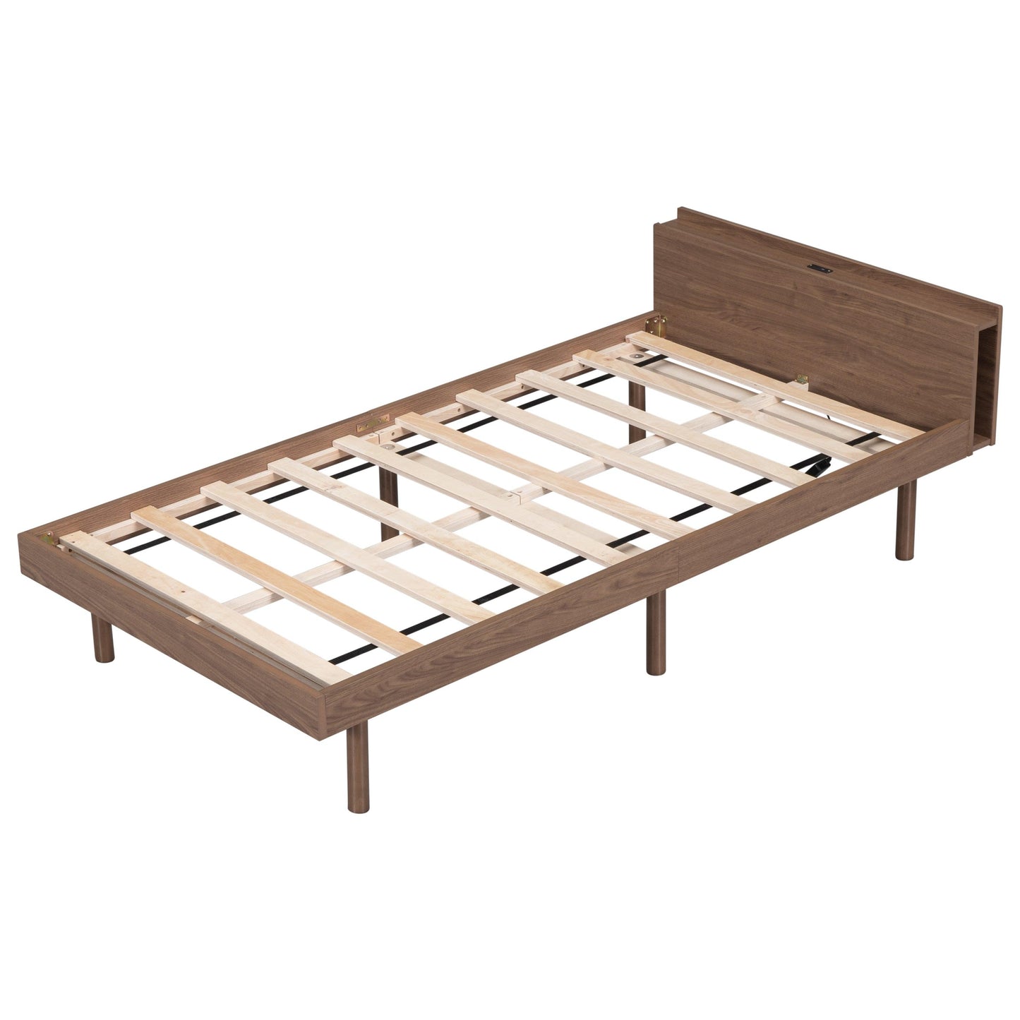 Modern Design Twin Size Platform Bed Frame with Built-in USB port for Walnut Color - FurniFindUSA