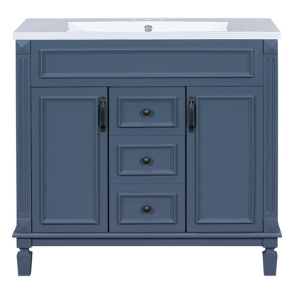 36 inch blue bathroom vanity with top sink, 2 soft doors and 2 drawers, single sink bathroom vanity - FurniFindUSA