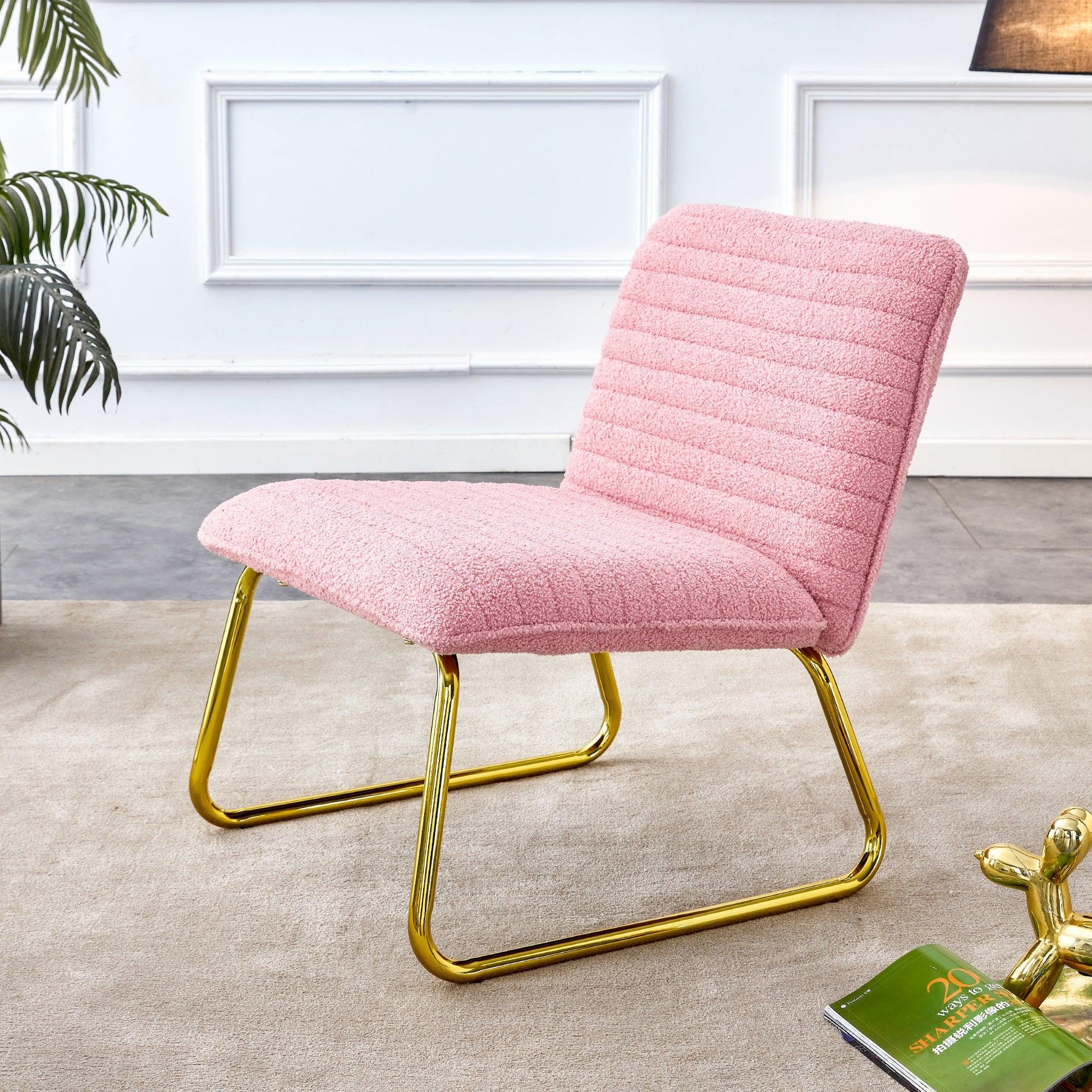 Modern minimalist pink plush fabric single person sofa chair with golden metal legs - FurniFindUSA