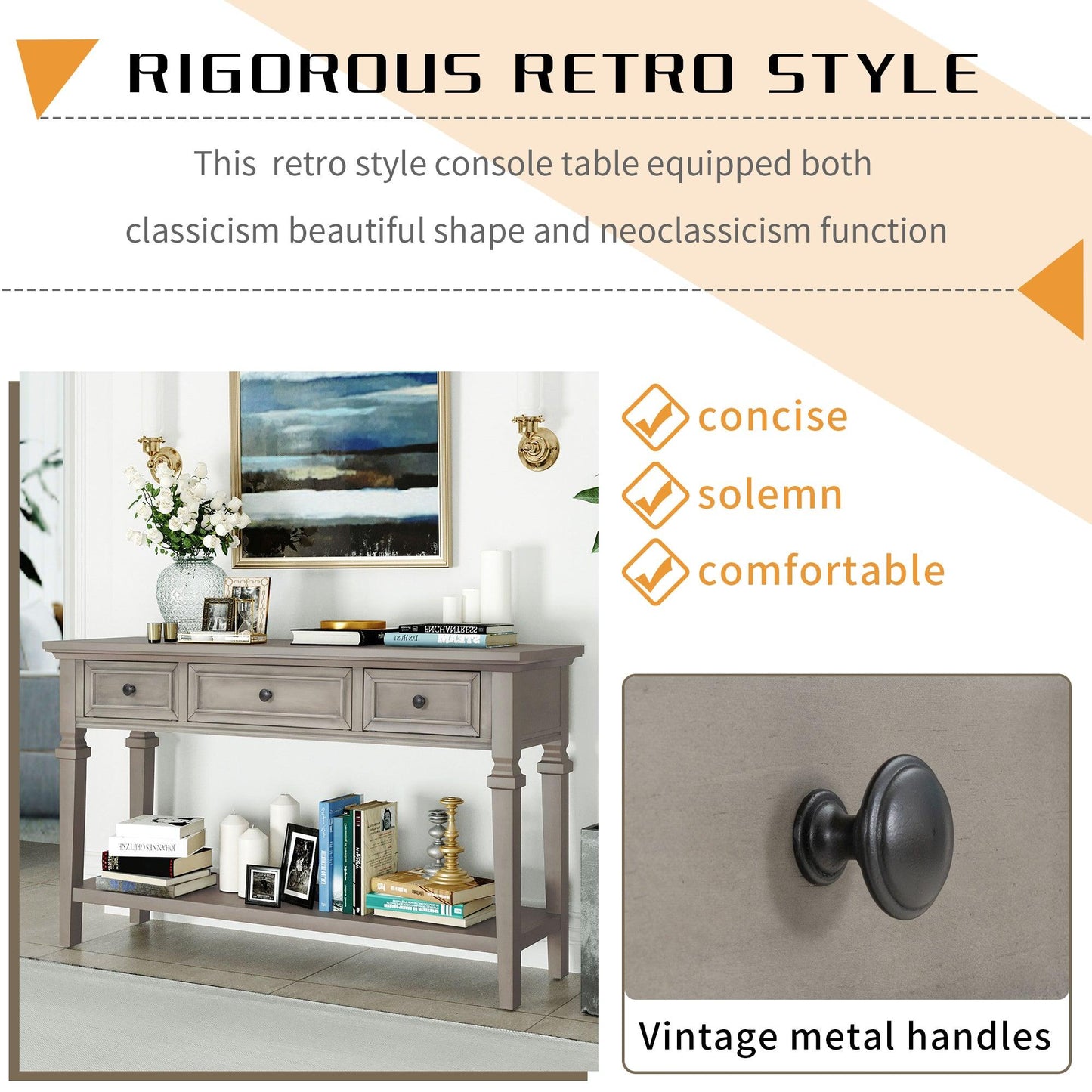 TREXM Classic Retro Style Console Table with Three Top Drawers and Open Style Bottom Shelf (Gray Wash) - FurniFindUSA