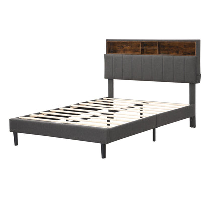 Full size Upholstered Platform Bed with Storage Headboard and USB Port Linen Fabric Upholstered Bed (Gray) - FurniFindUSA