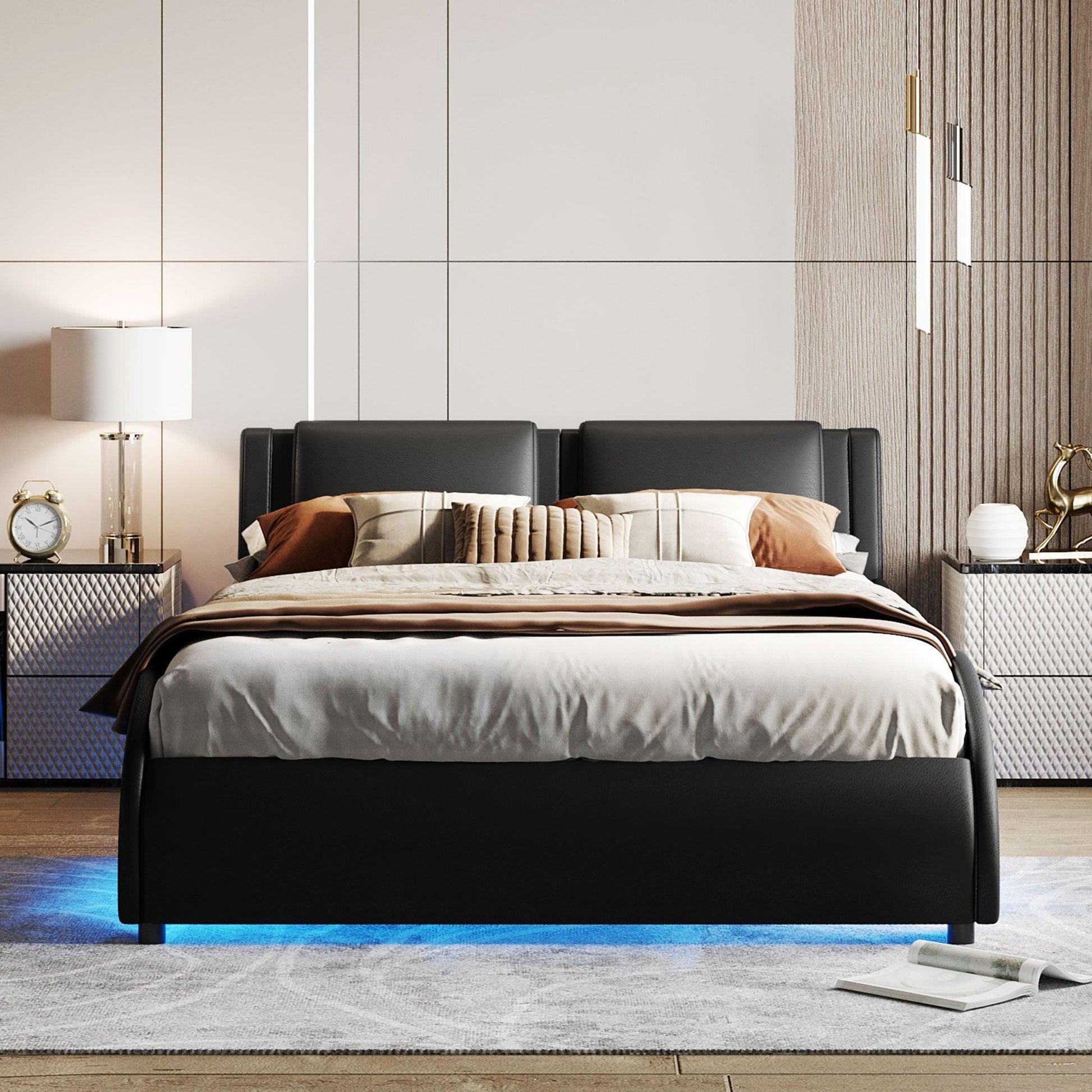 Queen Size Upholstered Faux Leather Platform Bed with LED Light Bed Frame with Slatted - Black - FurniFindUSA