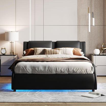 Queen Size Upholstered Faux Leather Platform Bed with LED Light Bed Frame with Slatted - Black - FurniFindUSA