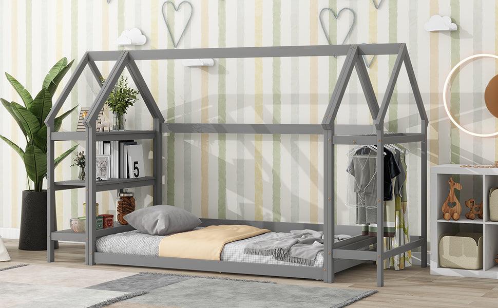 Twin House-Shaped Floor Bed with 2 Detachable Stands Grey - FurniFindUSA