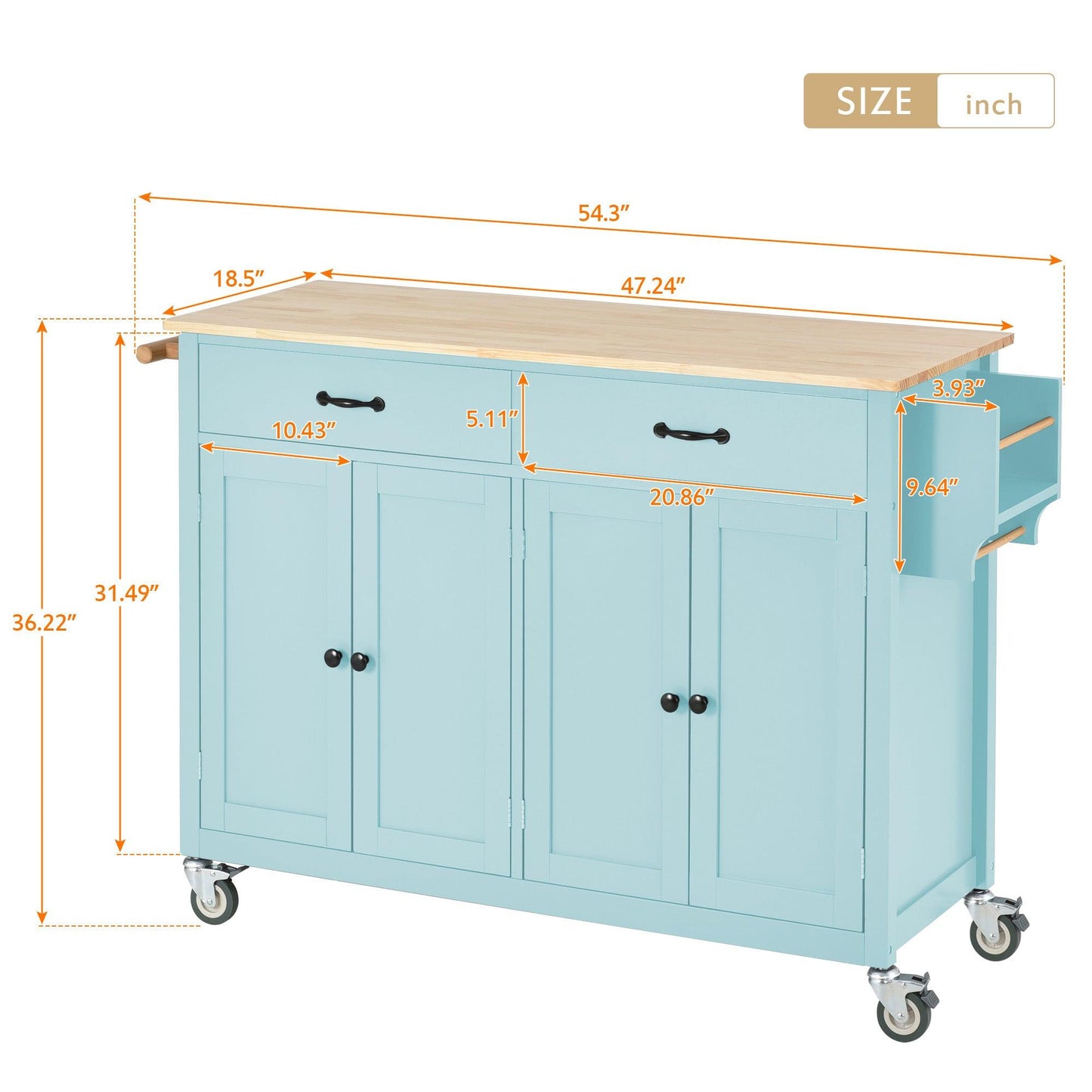 Kitchen Island Cart with 4 Door Cabinet and Two Drawers and 2 Locking Wheels - Solid Wood Top (Mint Green) - FurniFindUSA