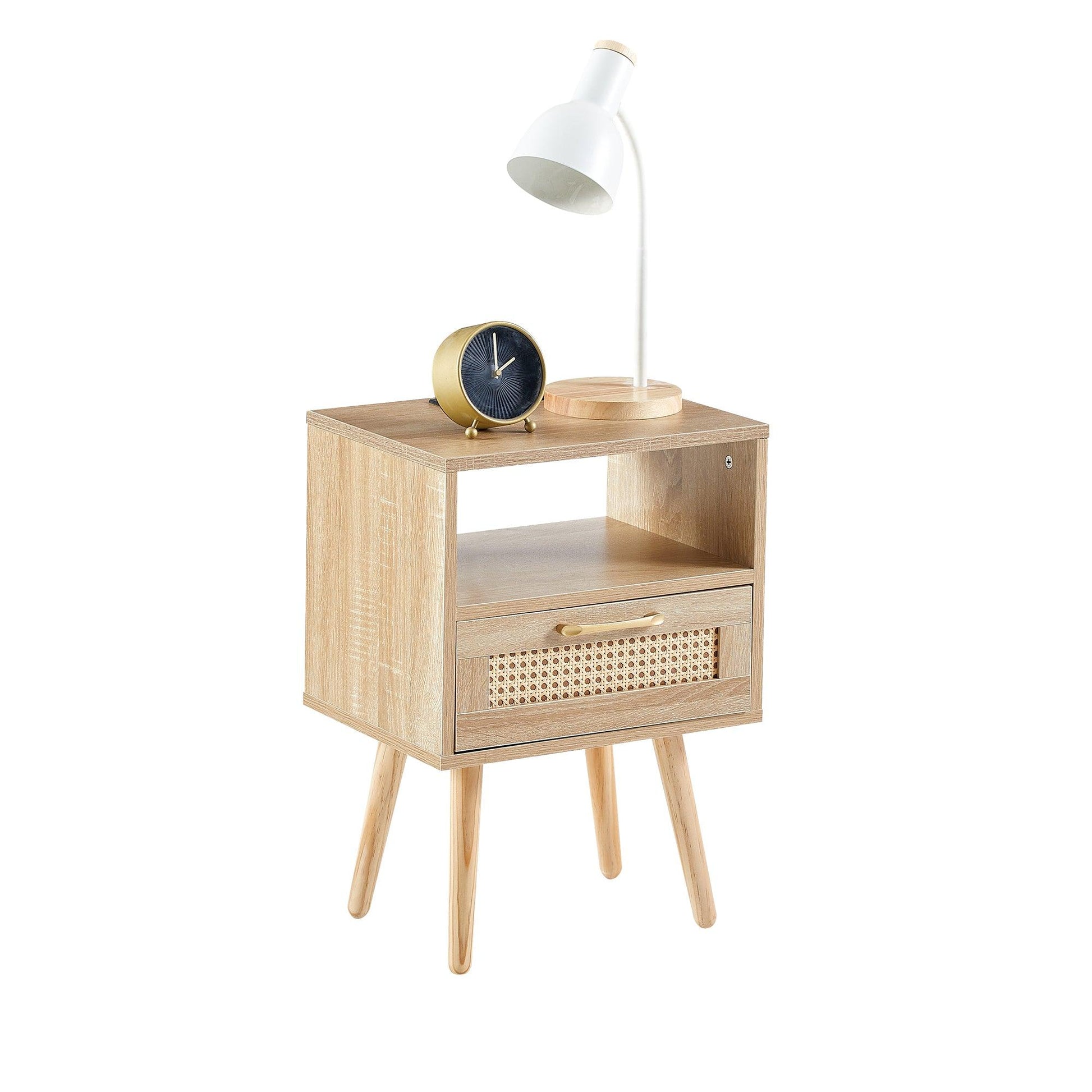 15.75" Rattan End table with Power Outlet & USB Ports Modern nightstand with drawer and solid wood legs - FurniFindUSA