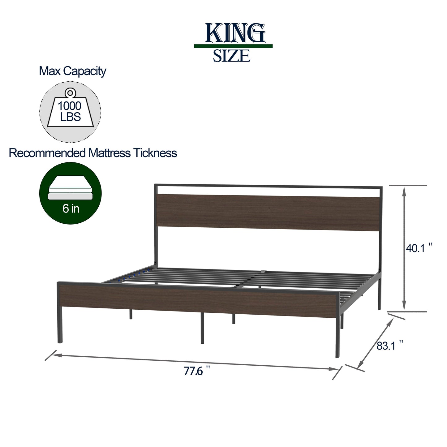 Ceres Metal Bed Black with Walnut wood Headboard&Footboard King - FurniFindUSA