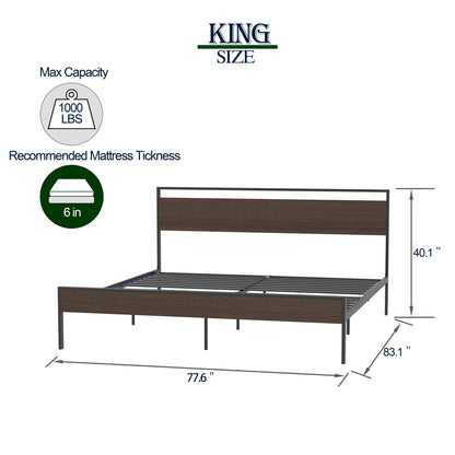 Ceres Metal Bed Black with Walnut wood Headboard&Footboard King - FurniFindUSA