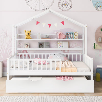 Wooden Full Size House Bed with Twin Size Trundle Kids Bed with Shelf White - FurniFindUSA