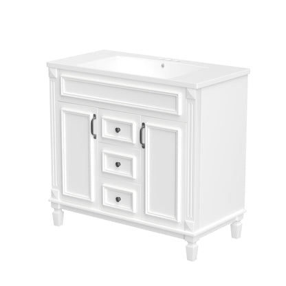 36 inch white bathroom vanity with top sink, equipped with 2 soft closing doors and 2 drawers, bathroom storage cabinet, single - FurniFindUSA