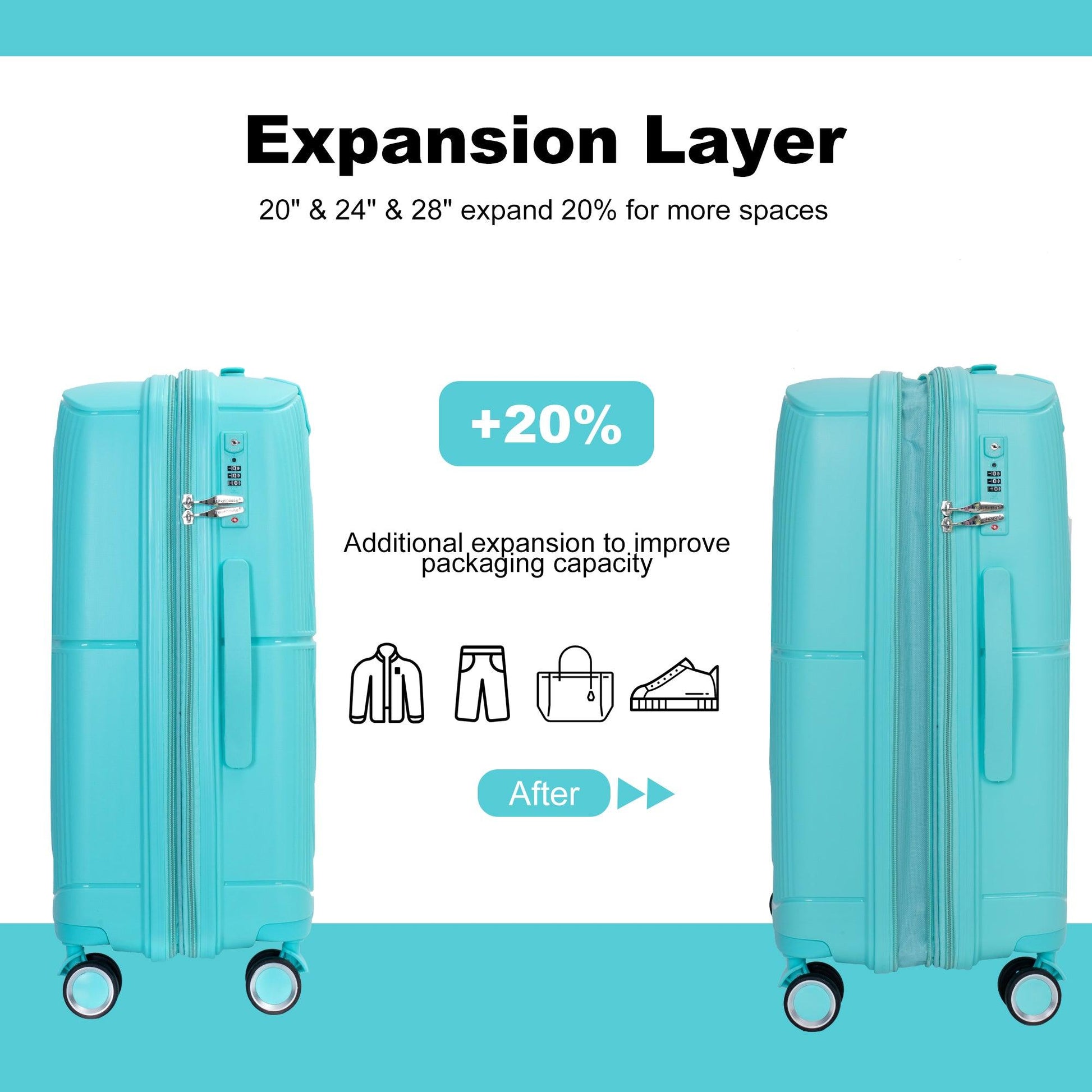 Expandable Hardshell Suitcase Double Spinner Wheels PP Luggage Sets Lightweight Durable 3-Piece Set (20/24/28) , Lake Blue - FurniFindUSA