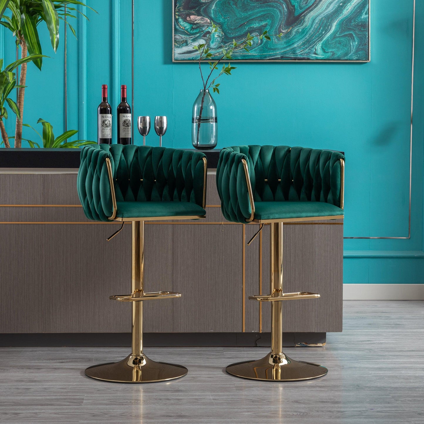 Set of 2 Bar Stools with Chrome Footrest and Base Swivel Height Velvet + Golden Leg Simple Bar Stool-Green - FurniFindUSA