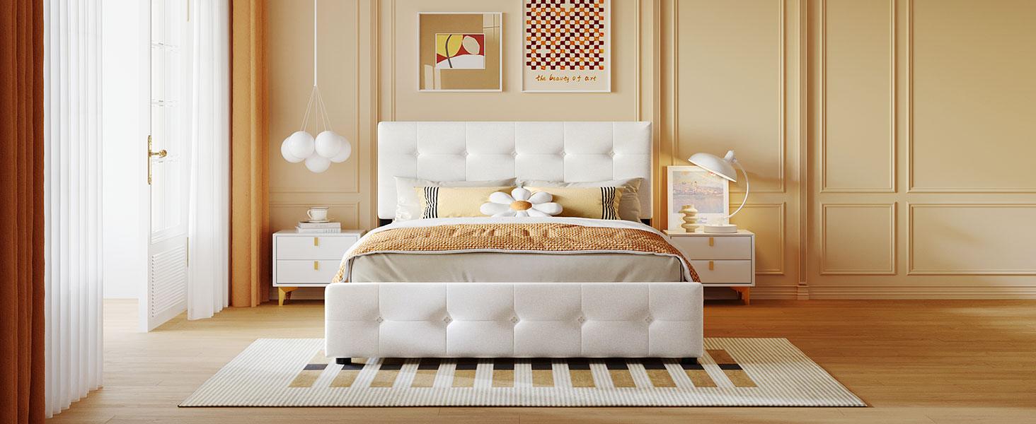 Upholstered Platform Bed with Classic Headboard and 4 Drawers No Box Spring Needed Linen Fabric Queen Size White - FurniFindUSA