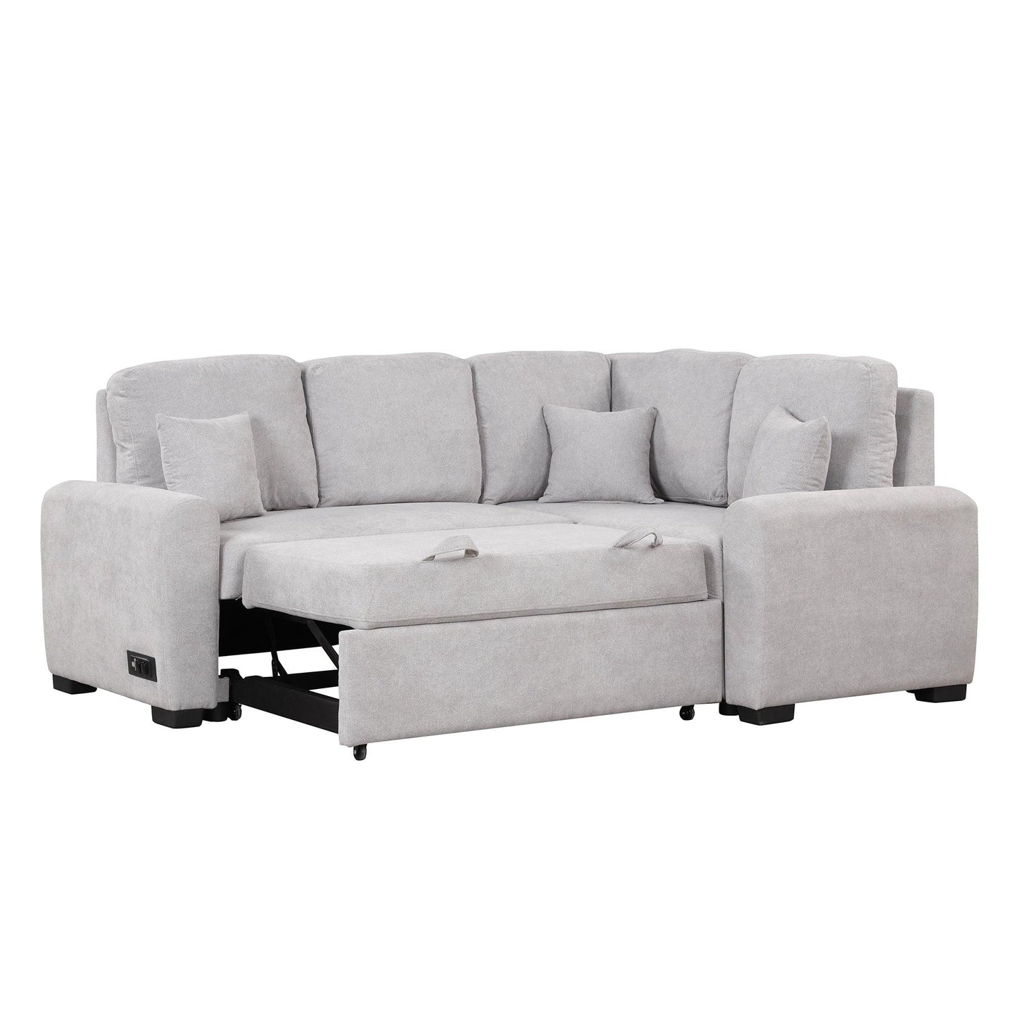 87.4"Sectional Sleeper Sofa with USB Charging Port and Plug Outlet Pull-Out Sofa Bed with 3 Pillows Grey - FurniFindUSA