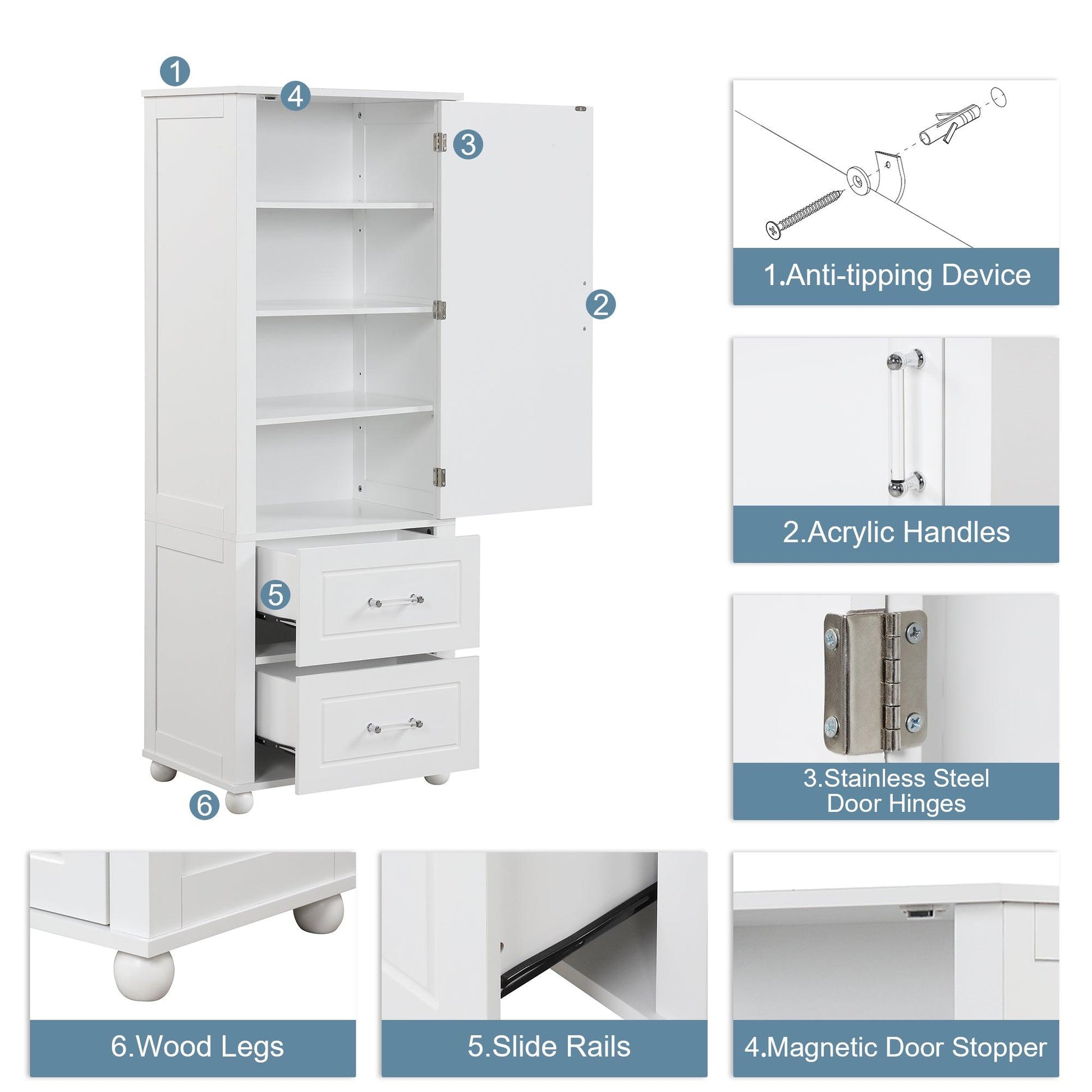 Tall bathroom storage cabinet with two drawers and adjustable shelves for independent storage - FurniFindUSA