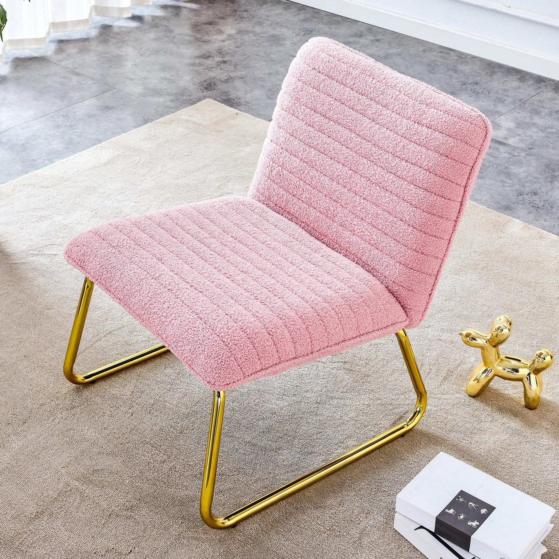 Modern minimalist pink plush fabric single person sofa chair with golden metal legs - FurniFindUSA