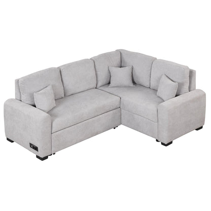 87.4"Sectional Sleeper Sofa with USB Charging Port and Plug Outlet Pull-Out Sofa Bed with 3 Pillows Grey - FurniFindUSA