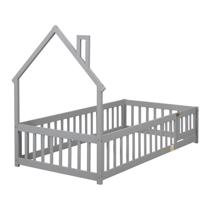 Twin House-Shaped Headboard Floor Bed with Fence Grey - FurniFindUSA