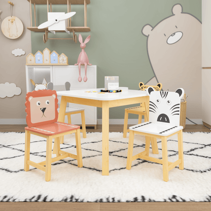 5 Piece Kiddy Table and Chair Set Kids Wood Table with 4 Chairs Set Cartoon Animals (bigger table) (3-8 years old) - FurniFindUSA