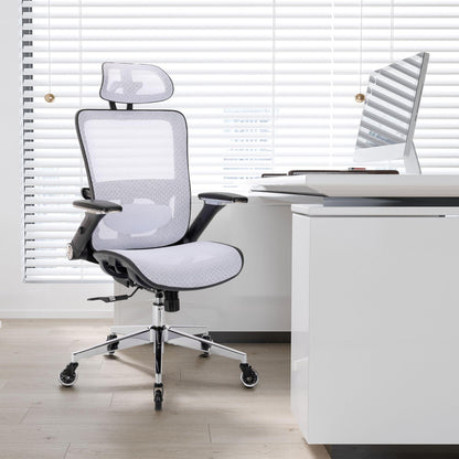 WHITE Ergonomic Mesh Office Chair High Back - Adjustable Headrest with Flip-Up Arms - FurniFindUSA