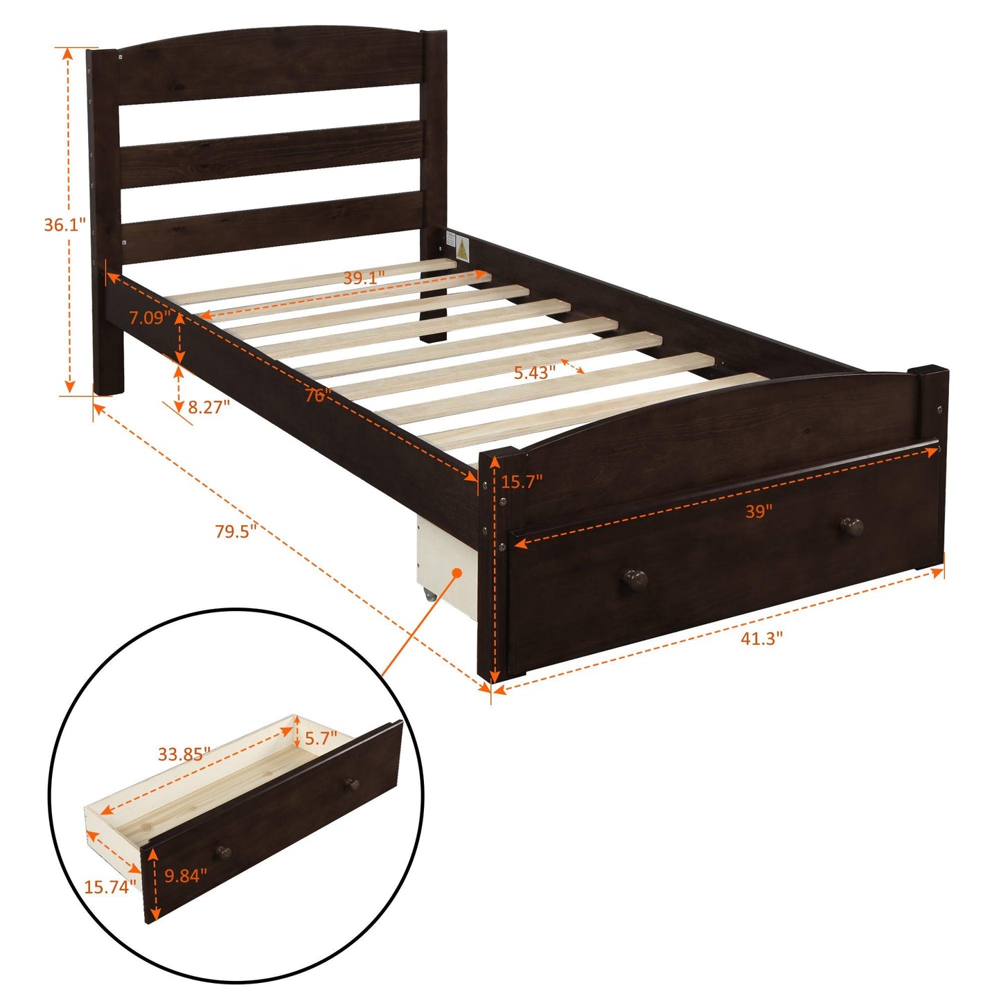 Platform Twin Bed Frame with Storage Drawer and Wood Slat Support No Box Spring Needed Espresso - FurniFindUSA