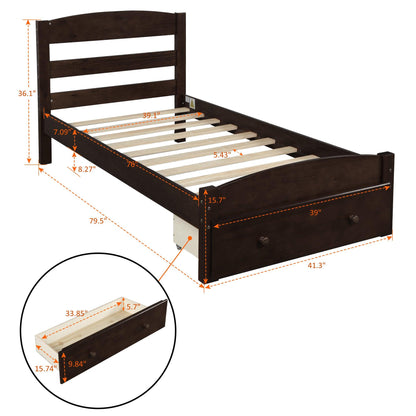 Platform Twin Bed Frame with Storage Drawer and Wood Slat Support No Box Spring Needed Espresso - FurniFindUSA