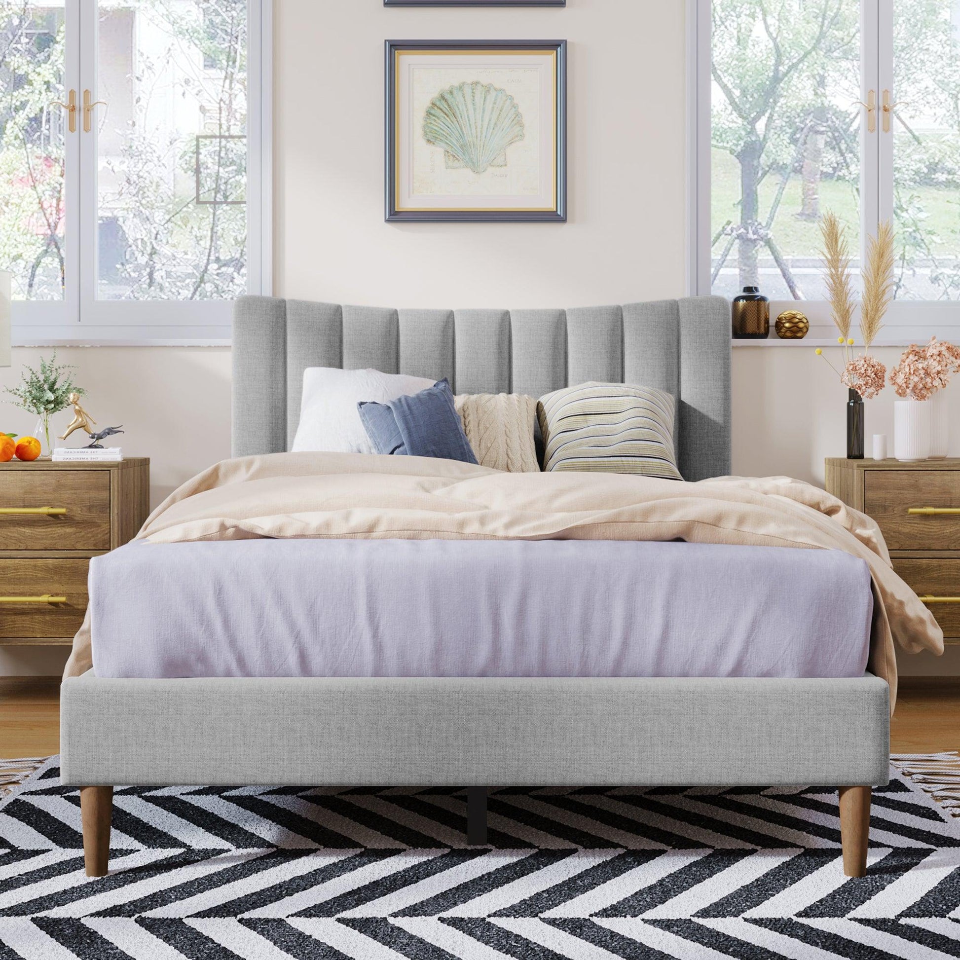 Upholstered Platform Bed Frame with Vertical Channel Tufted Headboard No Box Spring Needed Full Gray - FurniFindUSA