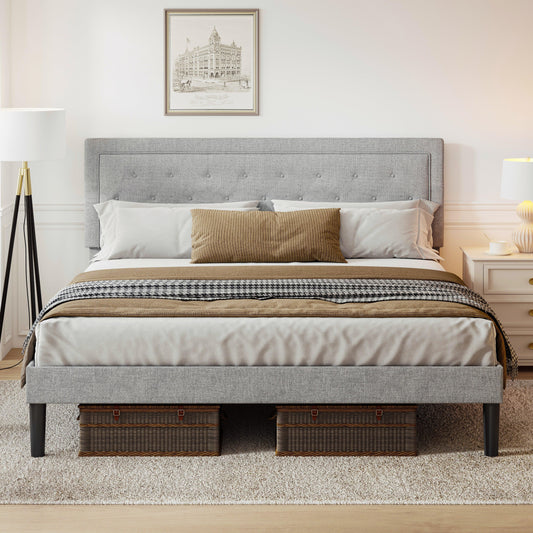 Light Grey Bed Frame with Adjustable Border Headboard Queen Size - FurniFindUSA