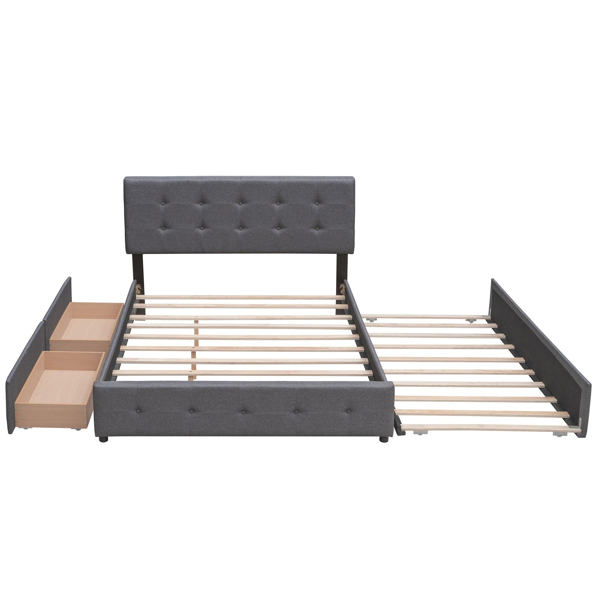 Upholstered Platform Bed with 2 Drawers and 1 Twin XL Trundle Linen Fabric Queen Size - Dark Gray - FurniFindUSA