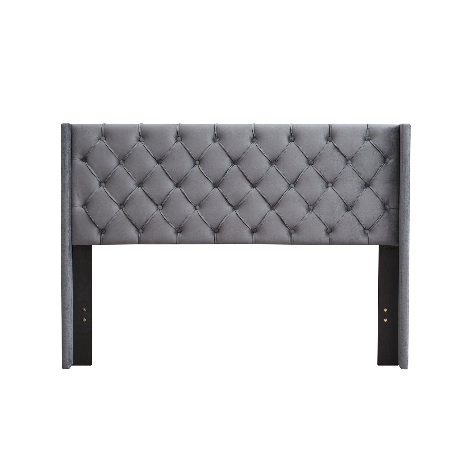 Velvet Button Tufted-Upholstered Bed with Wings Design - Strong Wood Slat Support - Easy Assembly - Gray Queen platform bed - FurniFindUSA