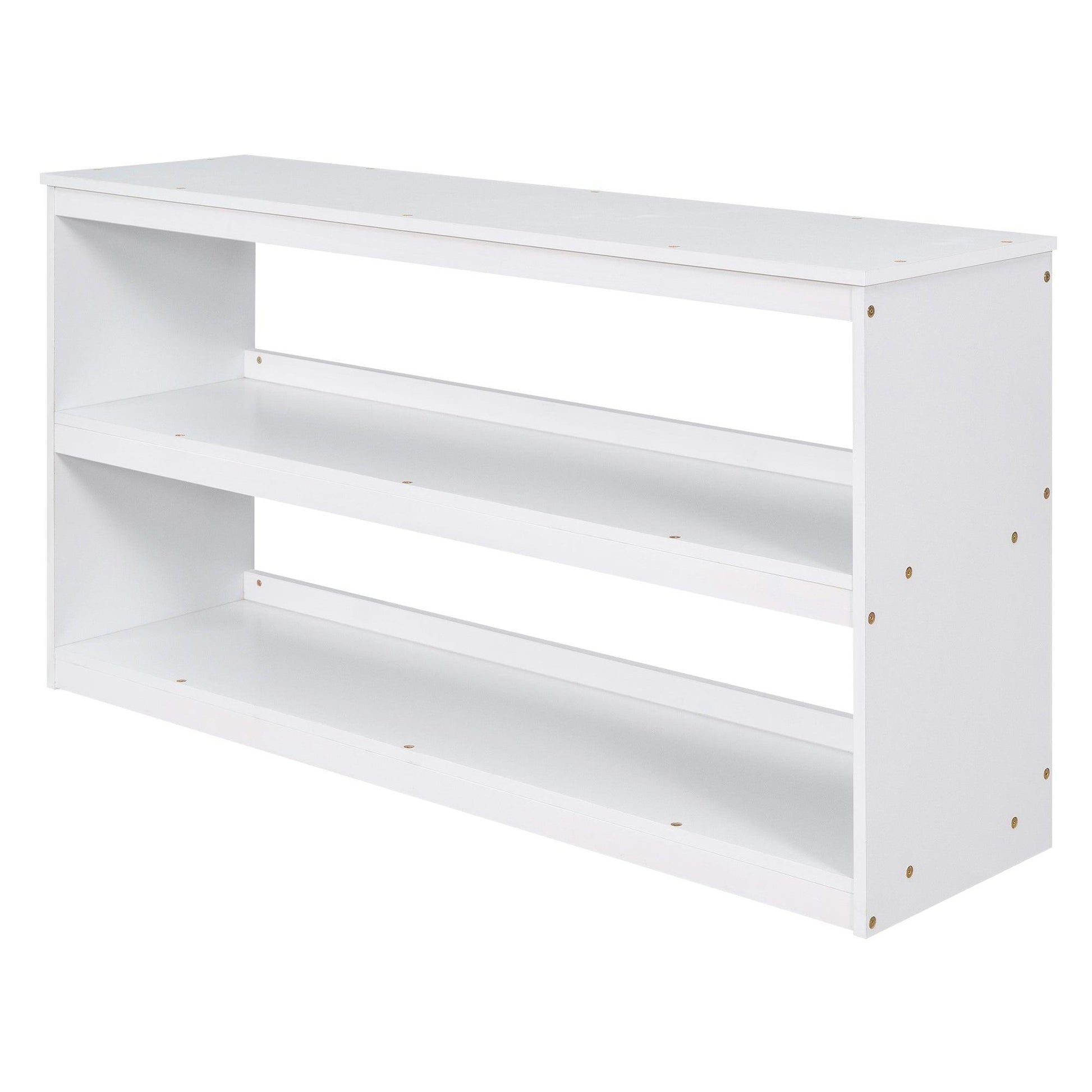 Low Study Full Loft Bed with Cabinet Shelves and Rolling Portable Desk Multiple Functions Bed- White - FurniFindUSA