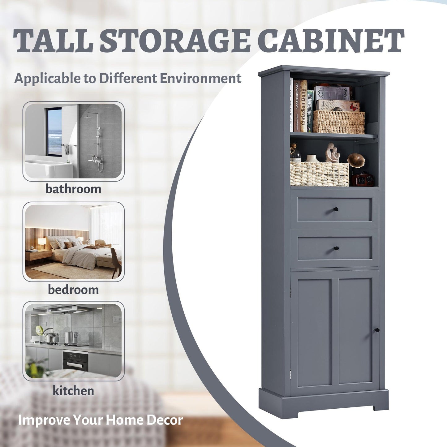 Bathroom Storage Cabinet, Tall Storage Cabinet with Two Drawers, Open Storage, Adjustable Shelf, Grey - FurniFindUSA
