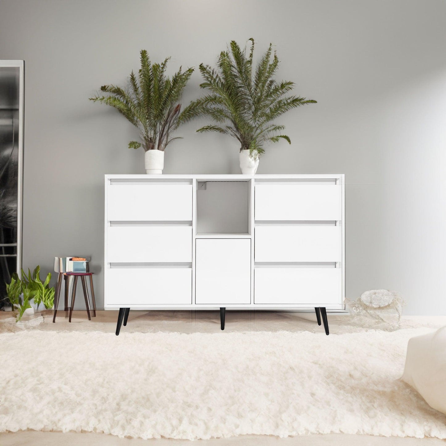 Living Room Sideboard Storage Cabinet White High Gloss with LED Light - FurniFindUSA