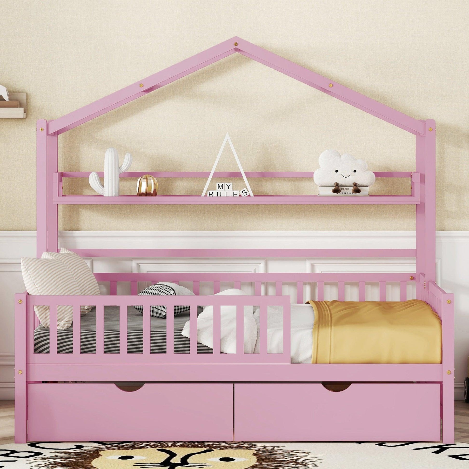 Wooden Full Size House Bed with 2 Drawers Kids Bed with Storage Shelf Pink - FurniFindUSA