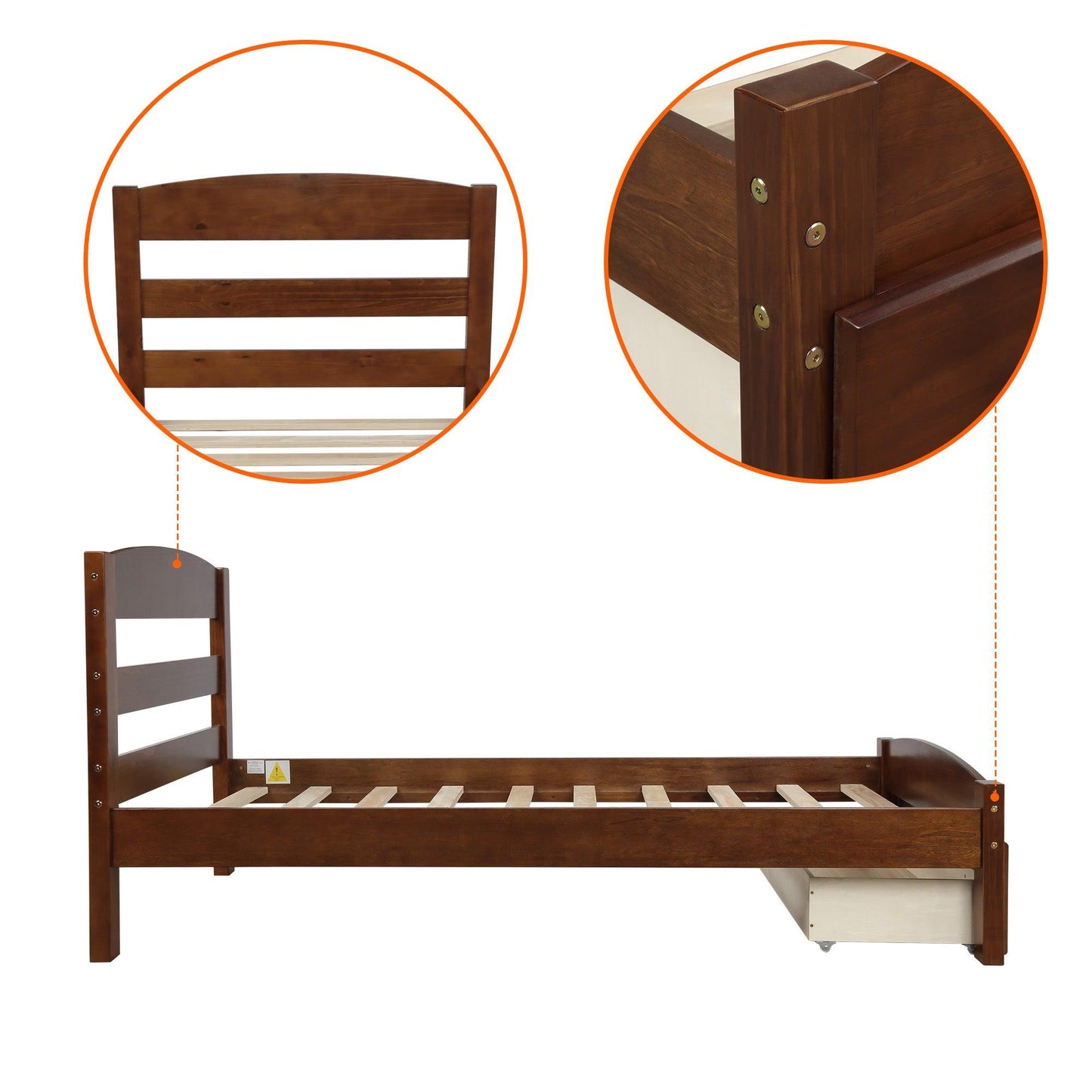 Platform Twin Bed Frame with Storage Drawer and Wood Slat Support No Box Spring Needed Walnut - FurniFindUSA