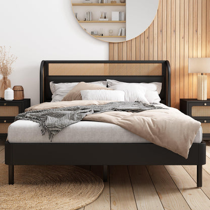 Modern Cannage Rattan Wood Platform Queen Bed Black - FurniFindUSA