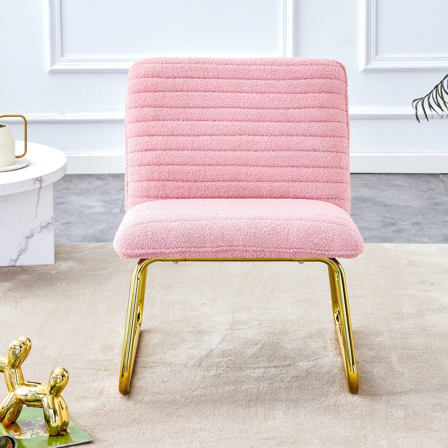 Modern minimalist pink plush fabric single person sofa chair with golden metal legs - FurniFindUSA