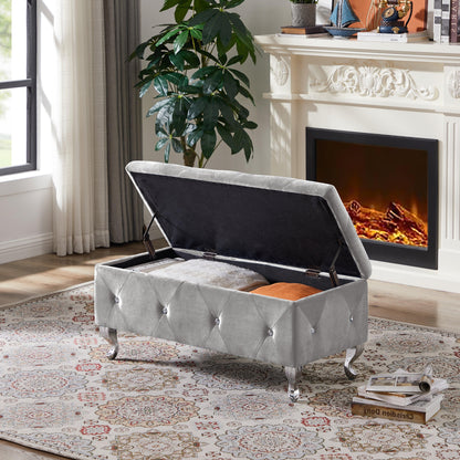 Storage Bench Flip Top Entryway Bench Seat with Safety Hinge Storage Chest with Padded Seat Gray Velvet - FurniFindUSA