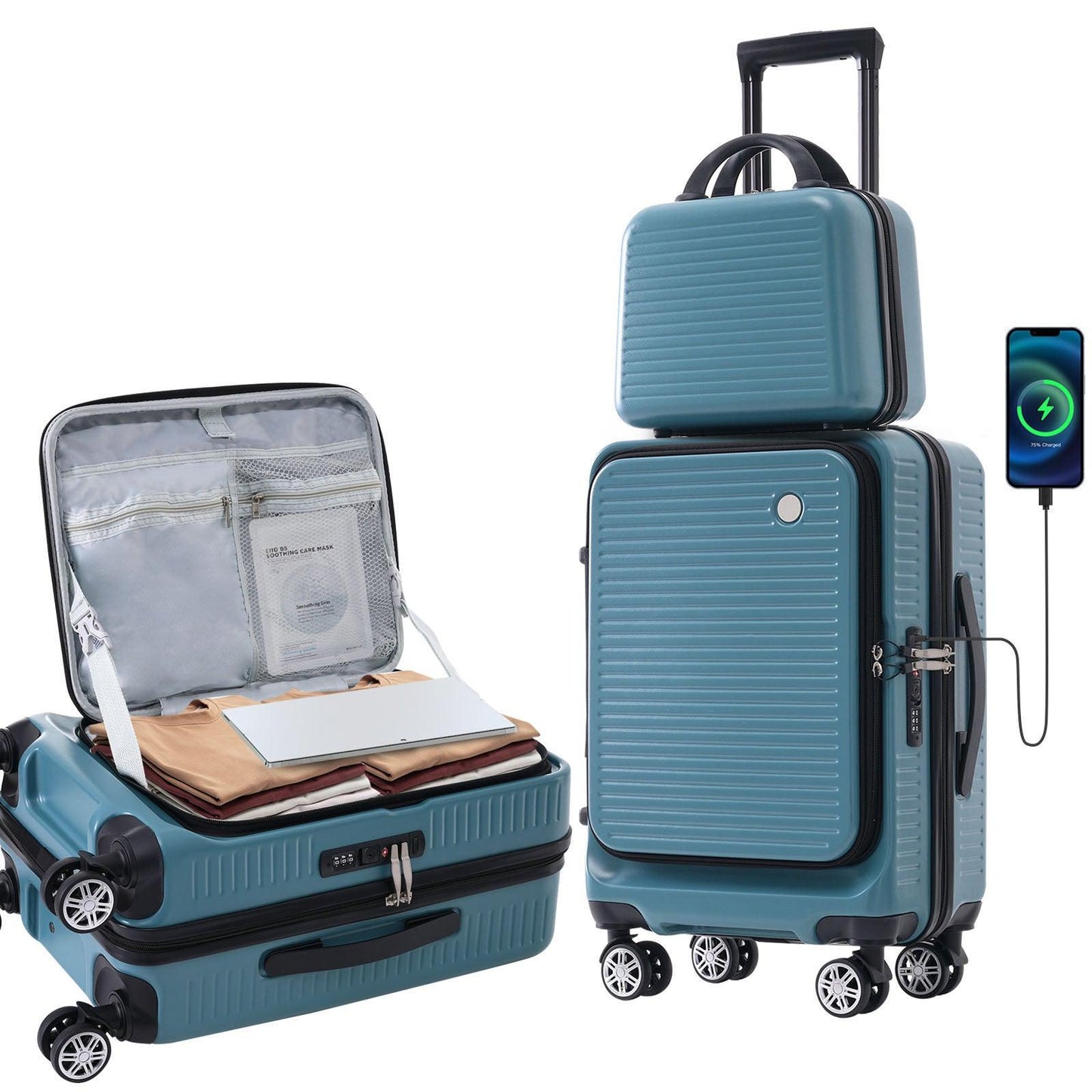 Carry-on Luggage 20 Inch Front Open Luggage Lightweight Suitcase with Front Pocket and USB Port, 1 Portable Carrying Case Blue - FurniFindUSA